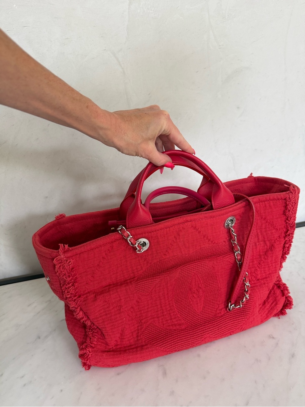 Chanel Red Women's Tote Bag with Chain Detail